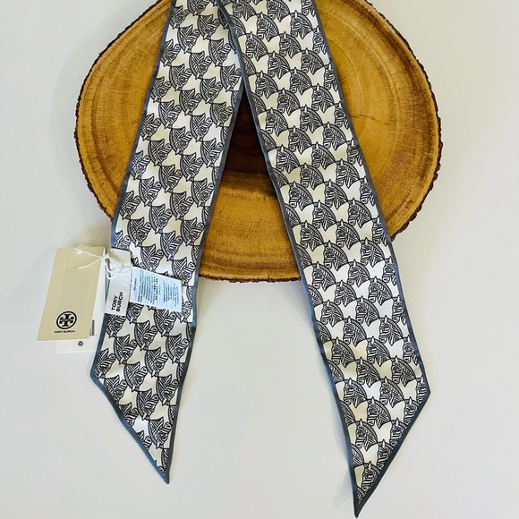 Tory Burch Zebra Print Bag Ribbon Scarf in Black and Cream - Picture 2 of 6